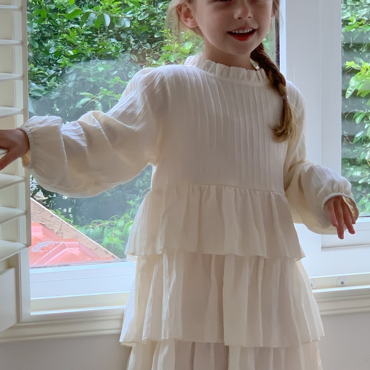 キッズファッション ふわふわ多層フリル長袖ワンピース