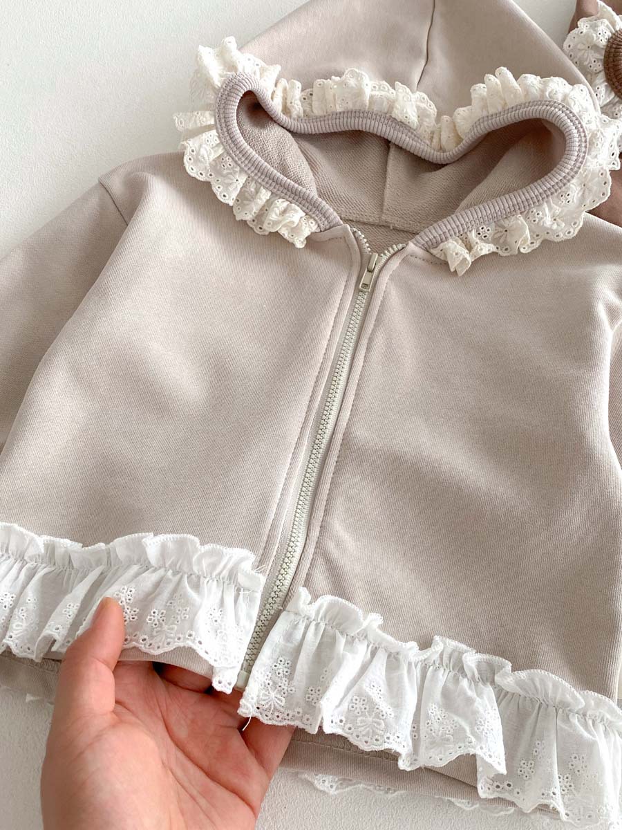 キッズファッション フリルフード付き裾レース切替ジップアップトレーナー