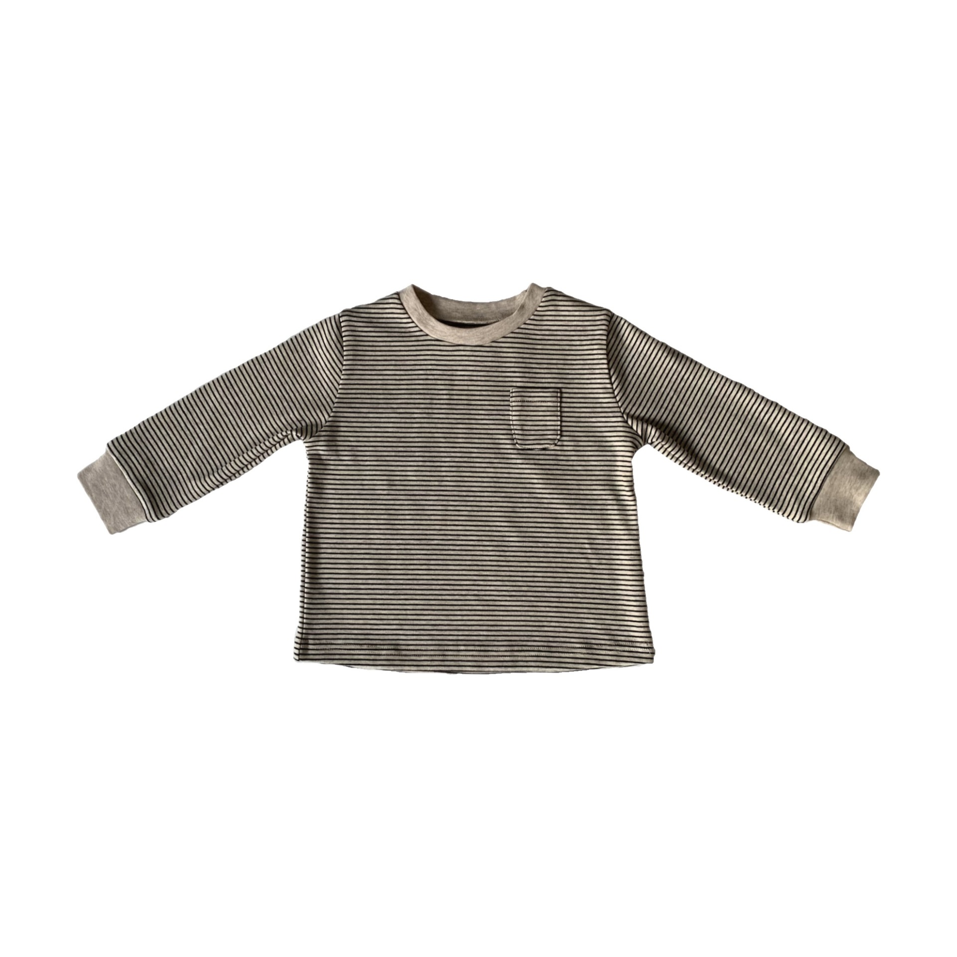 キッズファッション ナチュラル細ボーダー長袖綿Tシャツ