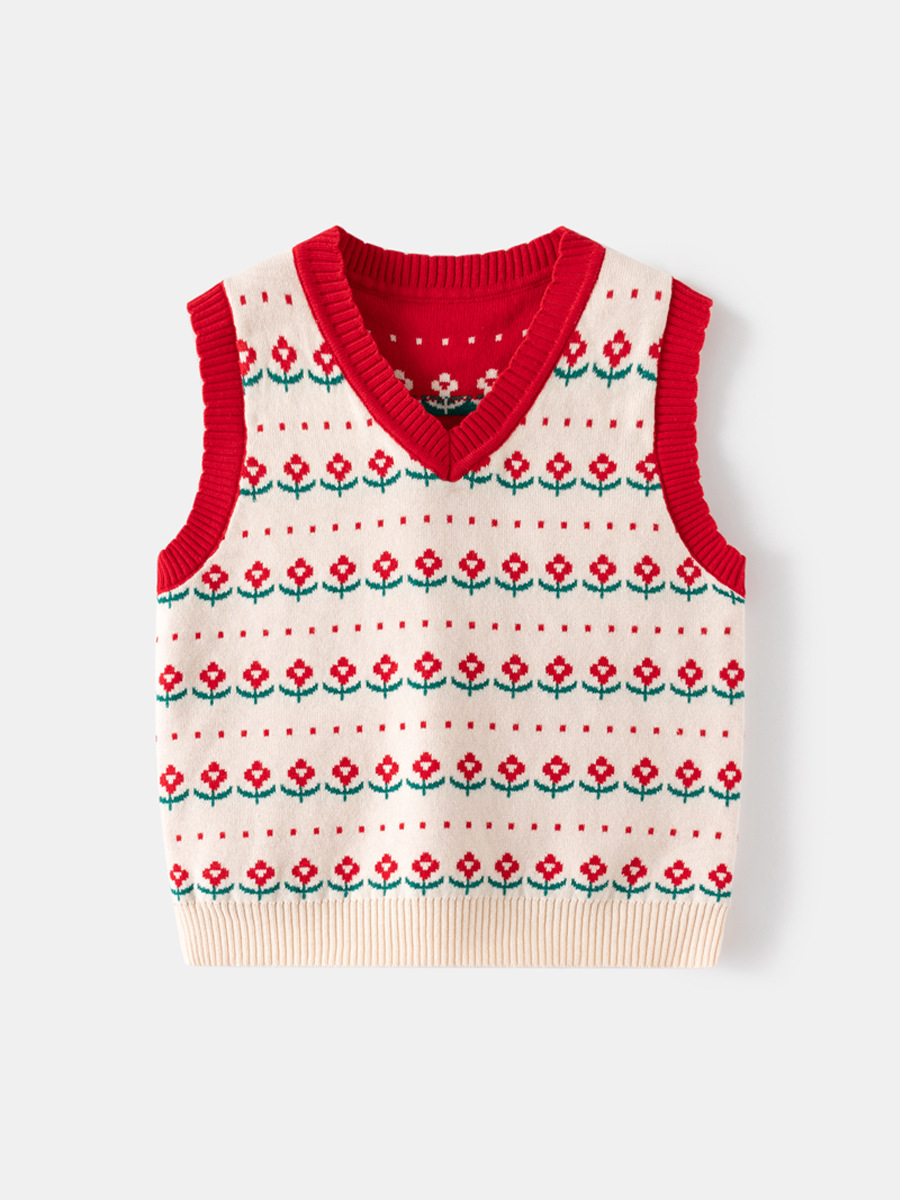 キッズファッション 花柄編み込み袖なしニットベスト