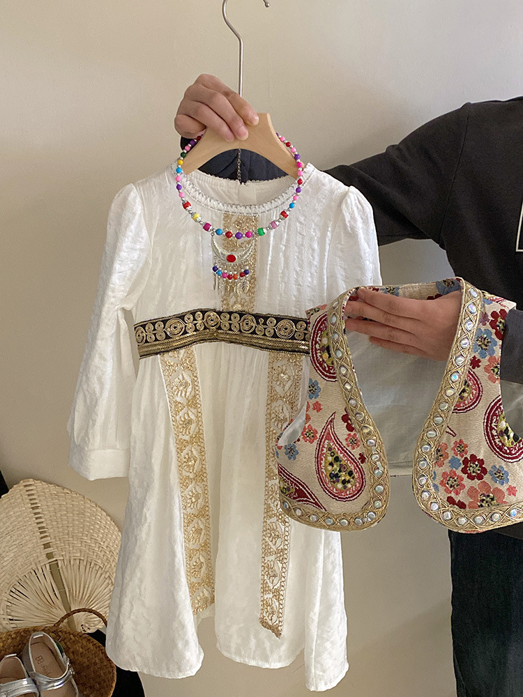 キッズファッション 民族調刺繍ベスト付き長袖ワンピースドレス