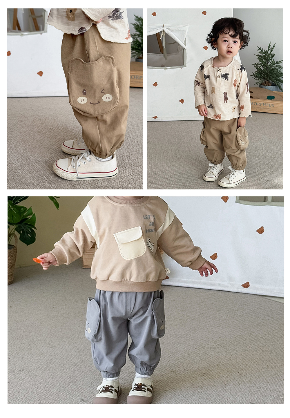 キッズファッション 可愛い動物ワッペン付きゆったりカーゴパンツ