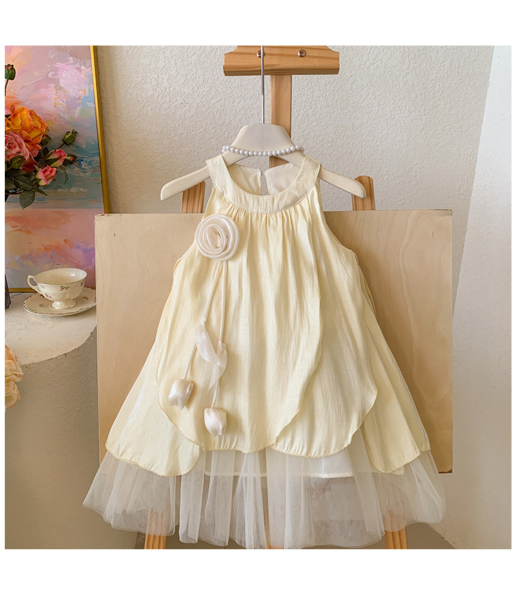 キッズファッション 花飾り付きチュールレイヤード袖なしドレス