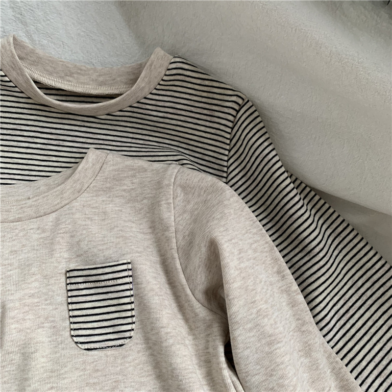 キッズファッション ナチュラル細ボーダー長袖綿Tシャツ