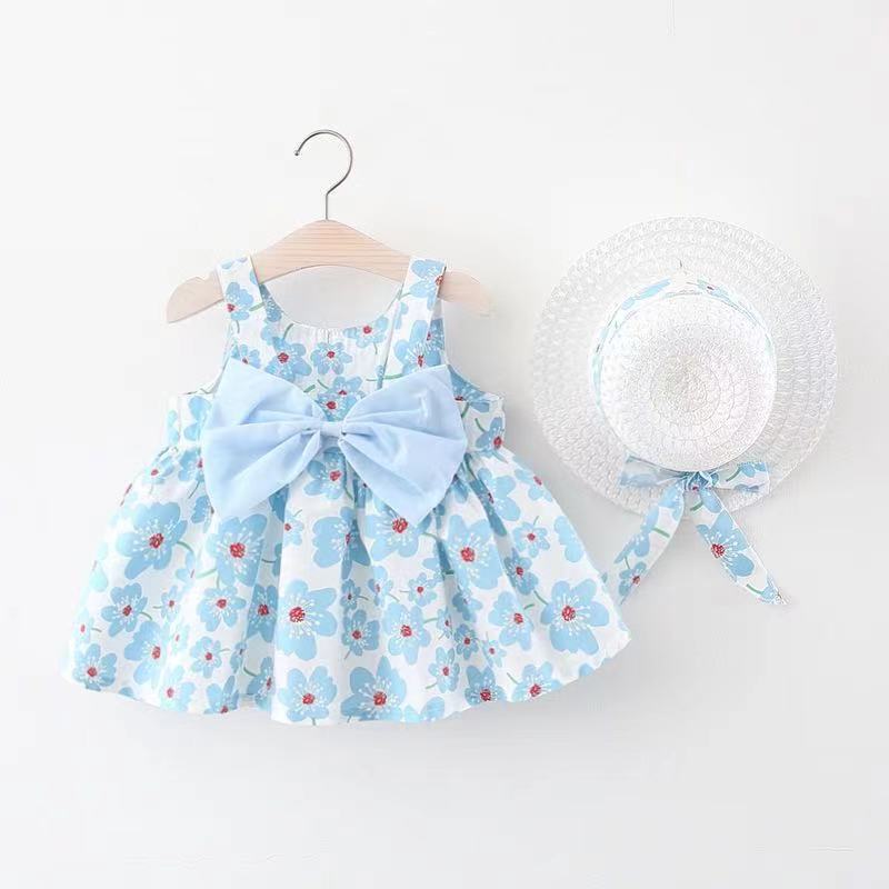 キッズファッション 花柄リボン付きノースリーブ帽子セットワンピース