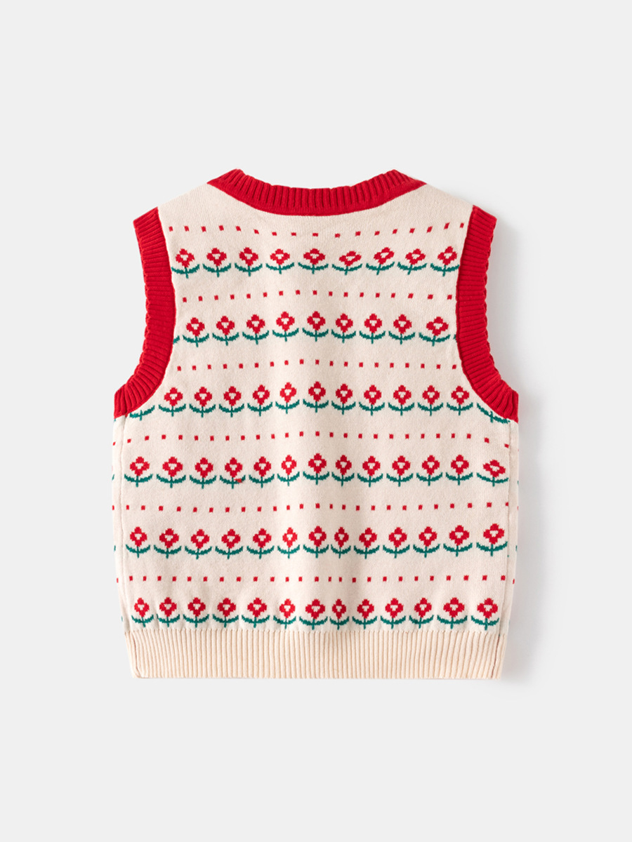 キッズファッション 花柄編み込み袖なしニットベスト