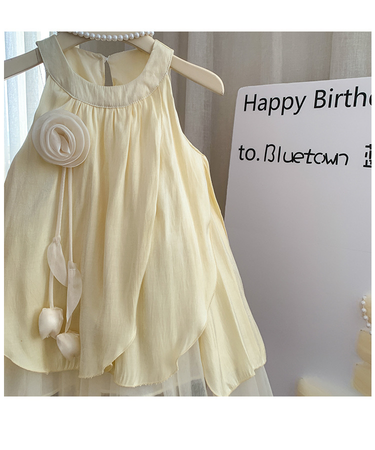 キッズファッション 花飾り付きチュールレイヤード袖なしドレス