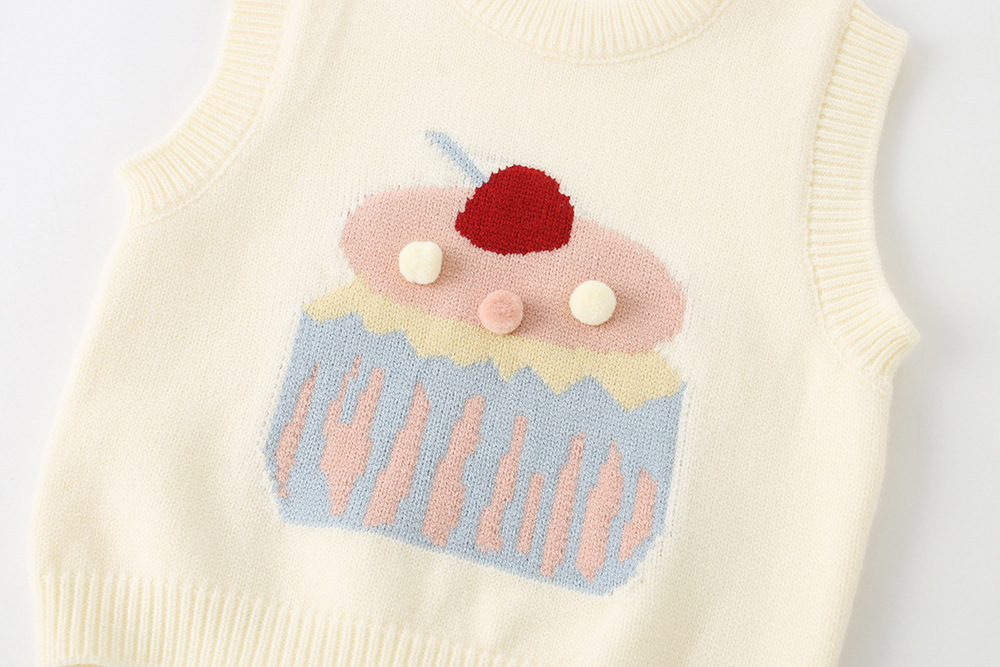 キッズファッション 甘いカップケーキ編み込み袖なしニットベスト