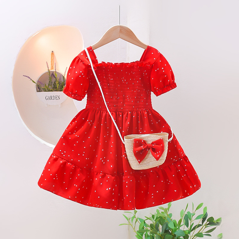 キッズファッション 花柄シャーリング半袖ワンピース かごバッグ付き