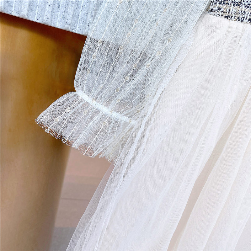 キッズファッション 透け感チュール袖ツイード切り替え上品姫様ワンピース