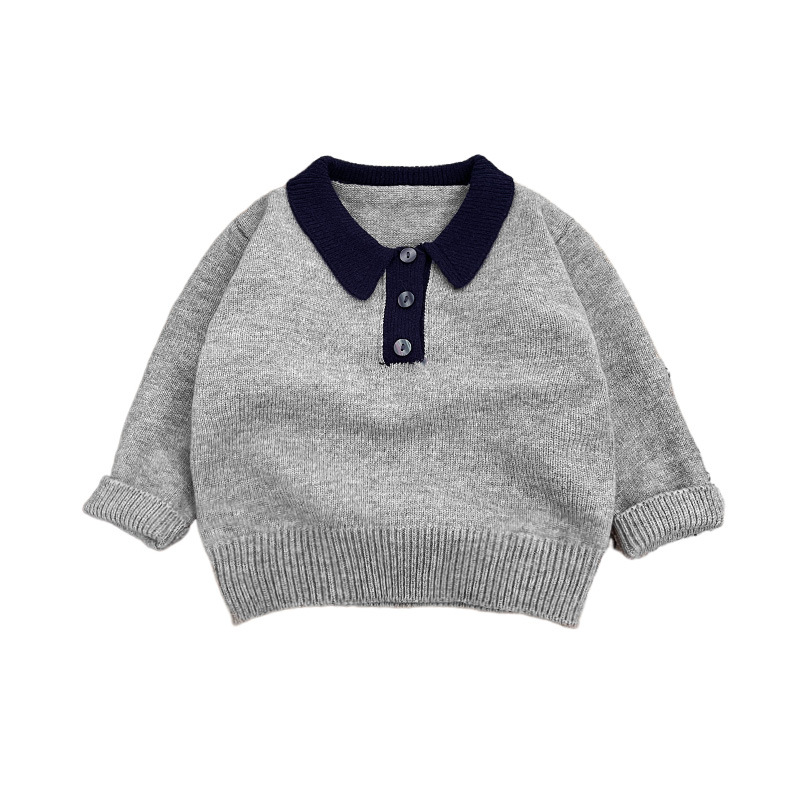 キッズファッション 配色襟ボタン付き長袖ニットトップス