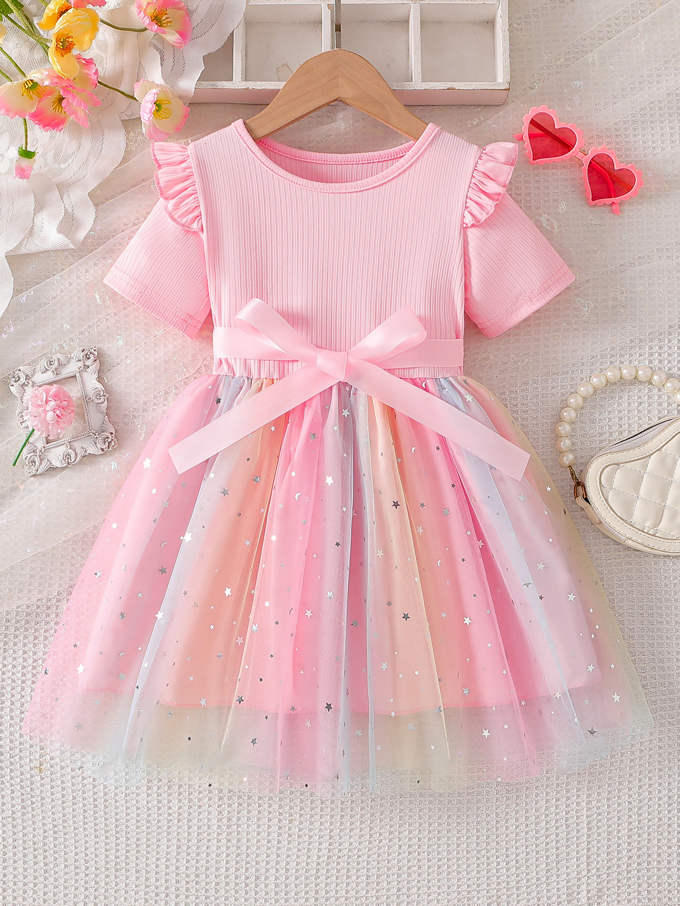 キッズファッション ドレス　星空刺繍チュールスカート付きリボンドレス