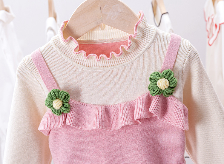 キッズファッション 花飾り付きニット重ね着風長袖ワンピース