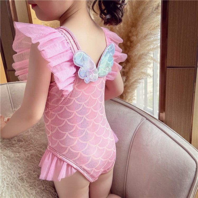 キッズファッション 人魚姫風チュール袖付き女の子用水着セット