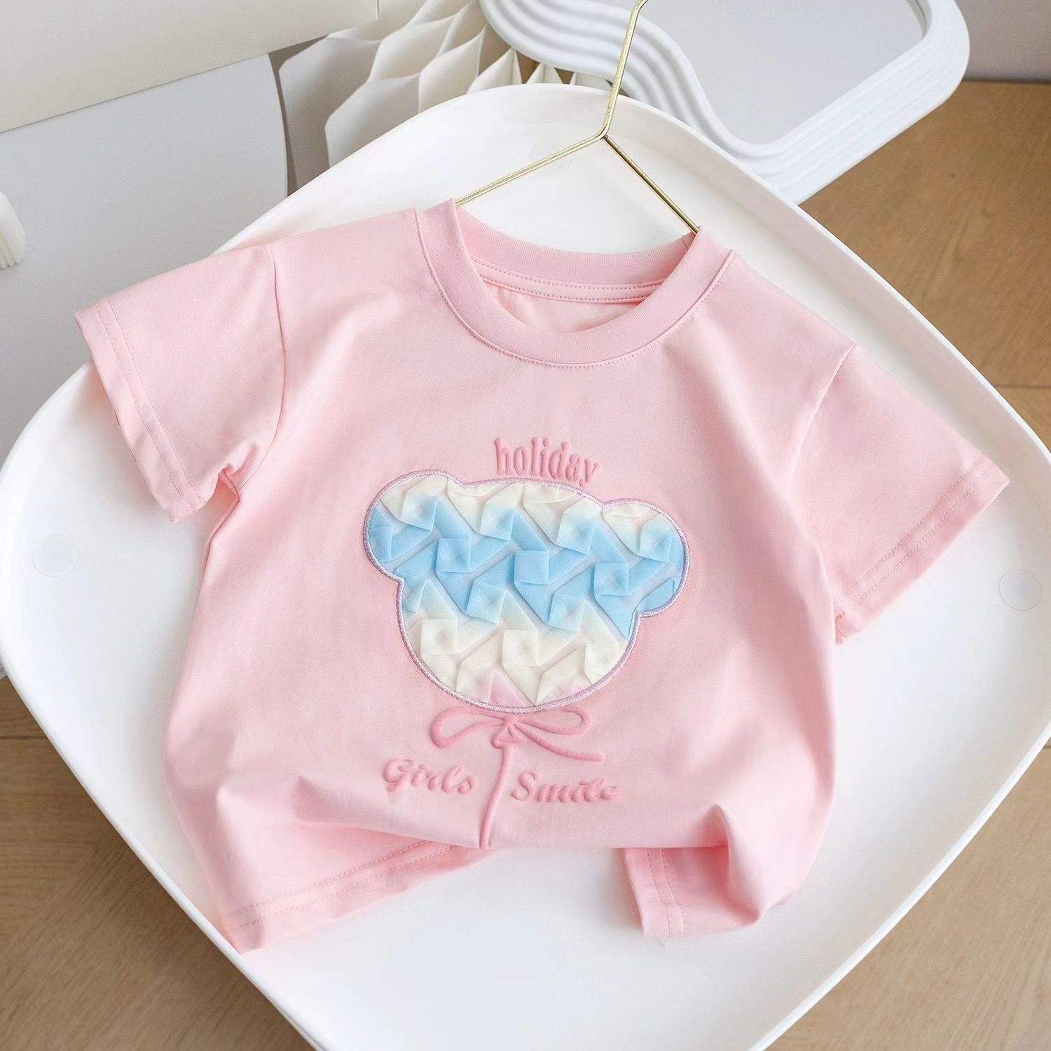 キッズファッション キルティング風アイスクリーム刺繍半袖Tシャツ