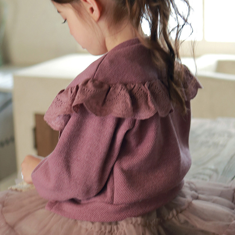 キッズファッション レース刺繍フリル付き丸襟カーディガン