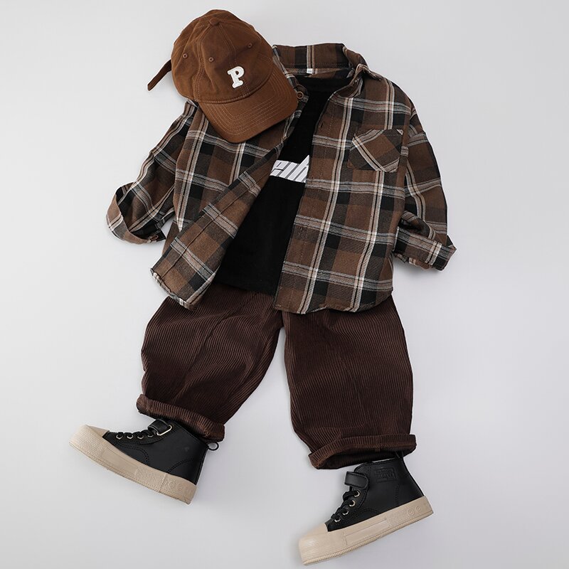 キッズファッション キッズチェック柄長袖シャツ胸ポケット付き