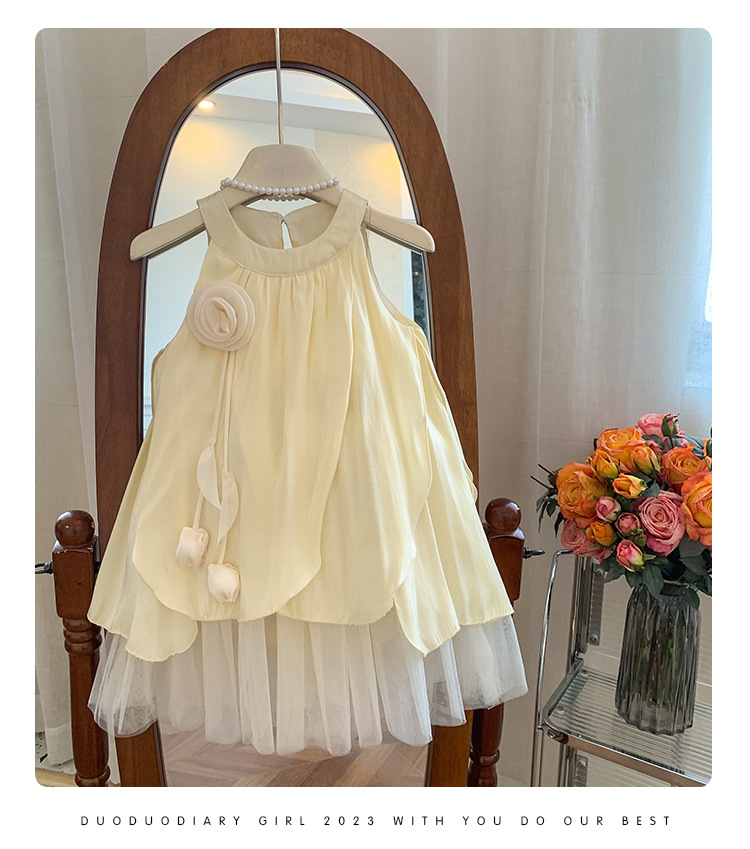 キッズファッション 花飾り付きチュールレイヤード袖なしドレス