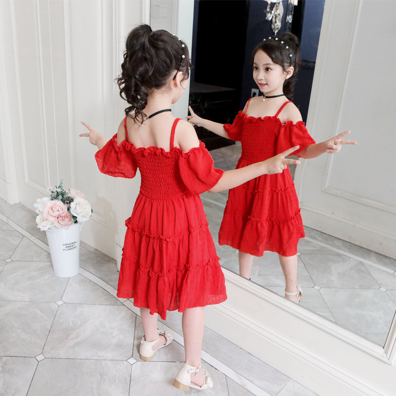キッズファッション オフショルダーフリル段々膝丈ドレス