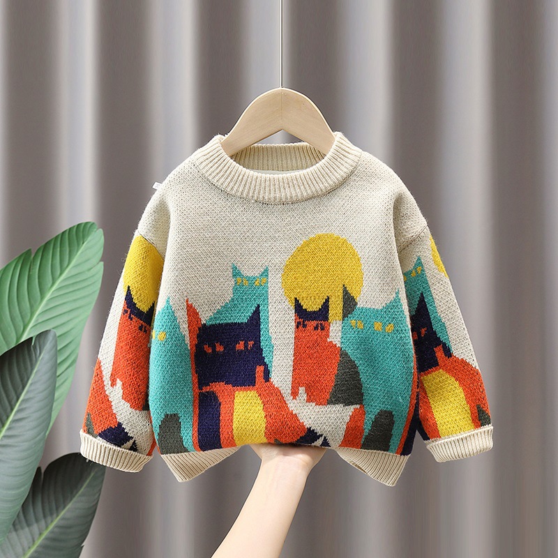 キッズファッション おとぎの国の街並み柄長袖クルーネックニット