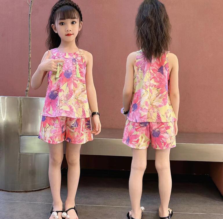 キッズファッション 女の子花柄セットアップ夏服ノースリーブ上下セット