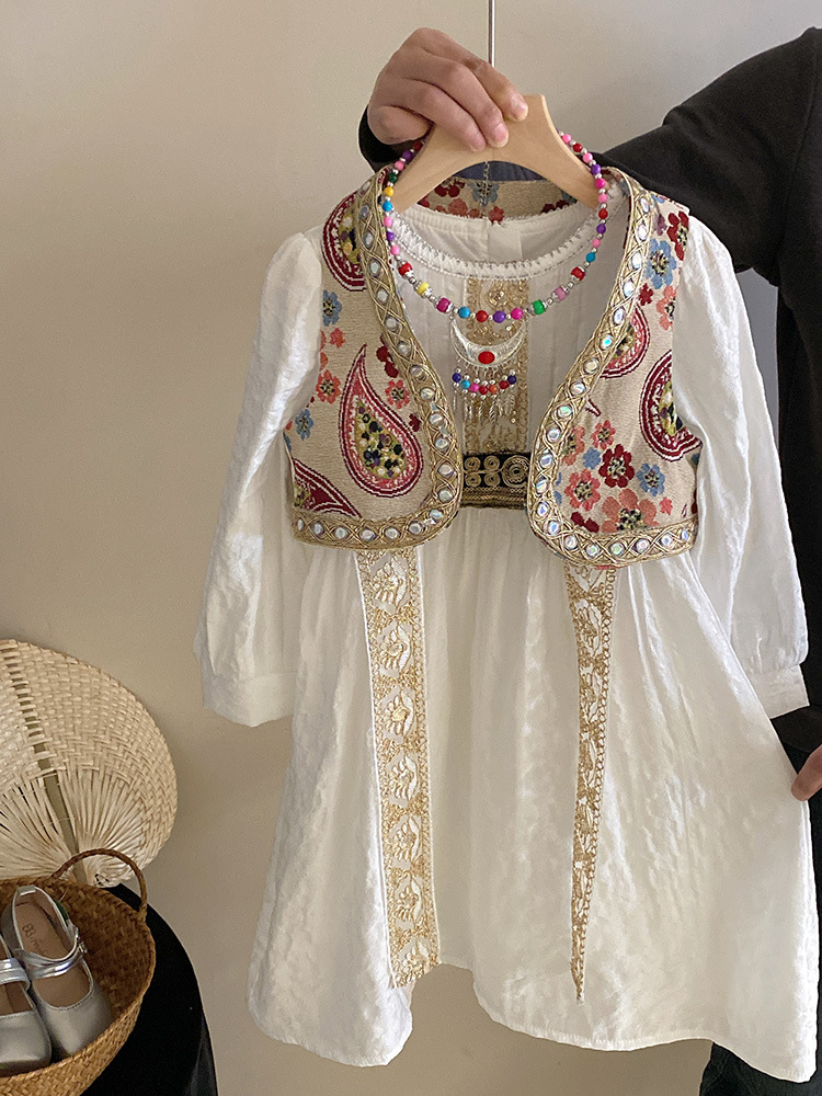 キッズファッション 民族調刺繍ベスト付き長袖ワンピースドレス