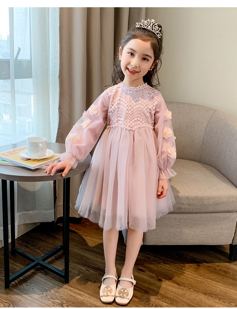 キッズファッション お姫様気分満喫パールビーズ刺繍長袖チュールドレス