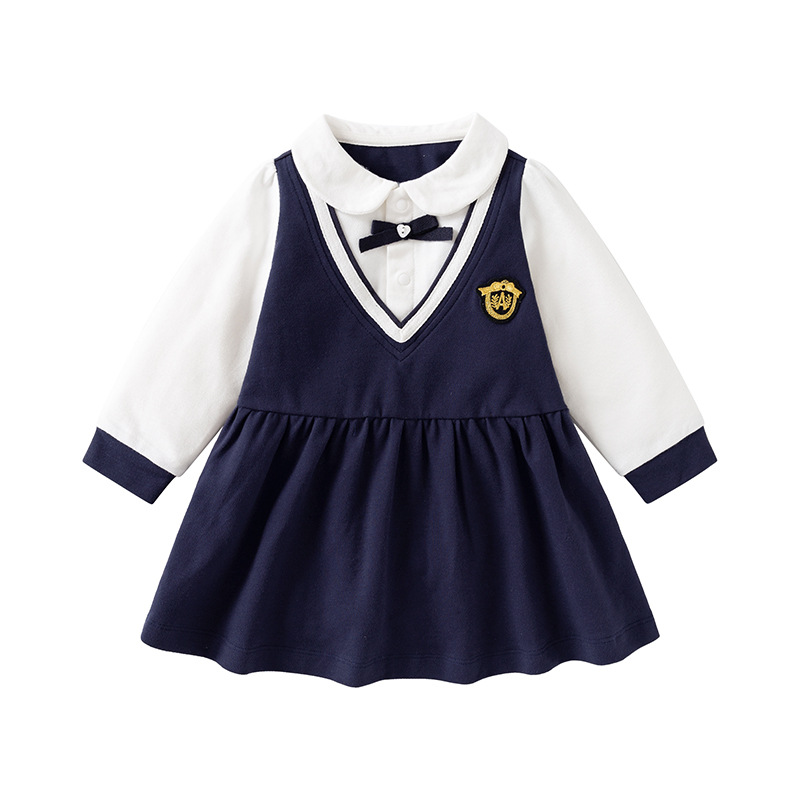 キッズファッション ワンピース　学院風丸襟リボン付き長袖ワンピース