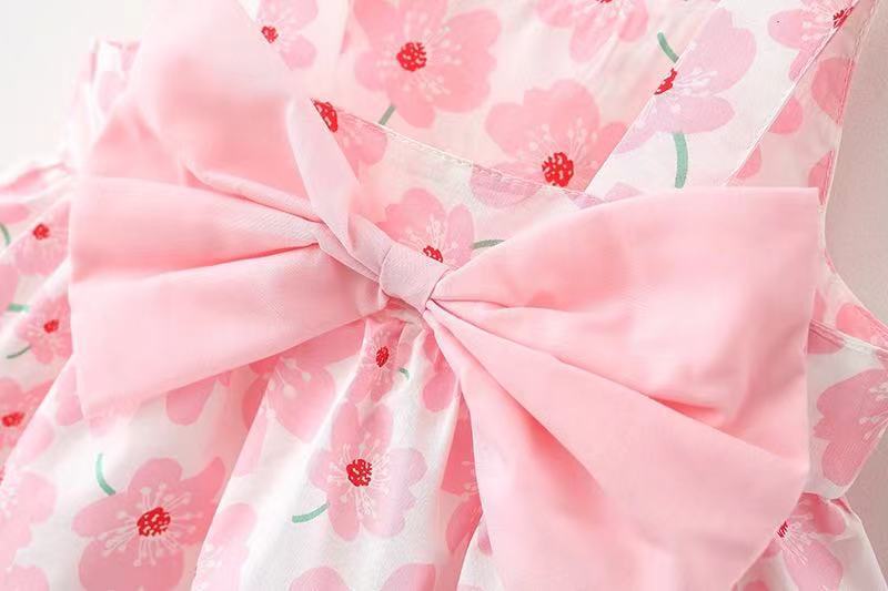 キッズファッション 花柄リボン付きノースリーブ帽子セットワンピース