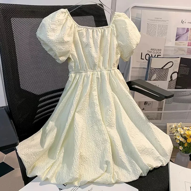 キッズファッション パフスリーブフラワー刺繍リボン付きプリンセスドレス