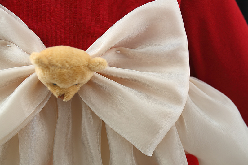 キッズファッション 大きなリボンと丸飾り付きバルーンスカートワンピース