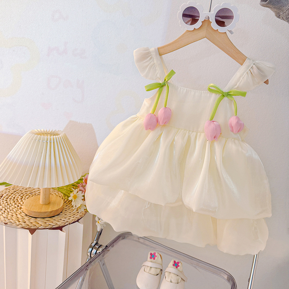 キッズファッション 花びらフリル付きリボンストラップ姫様風ドレス