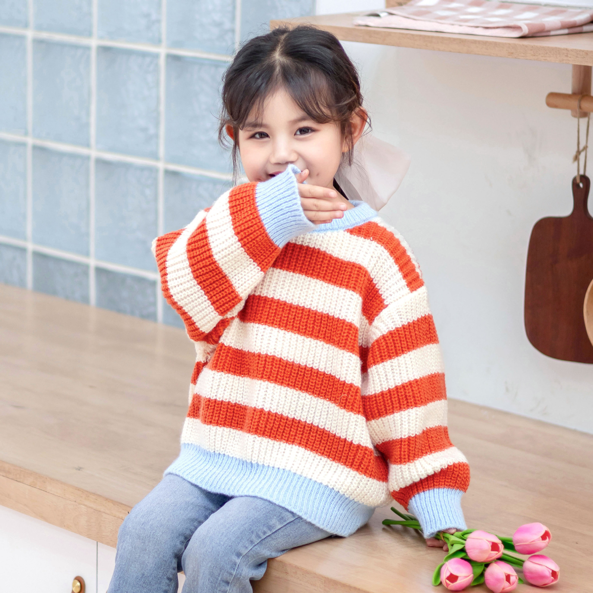 キッズファッション 太ボーダー柄ゆったりクルーネックニットセーター