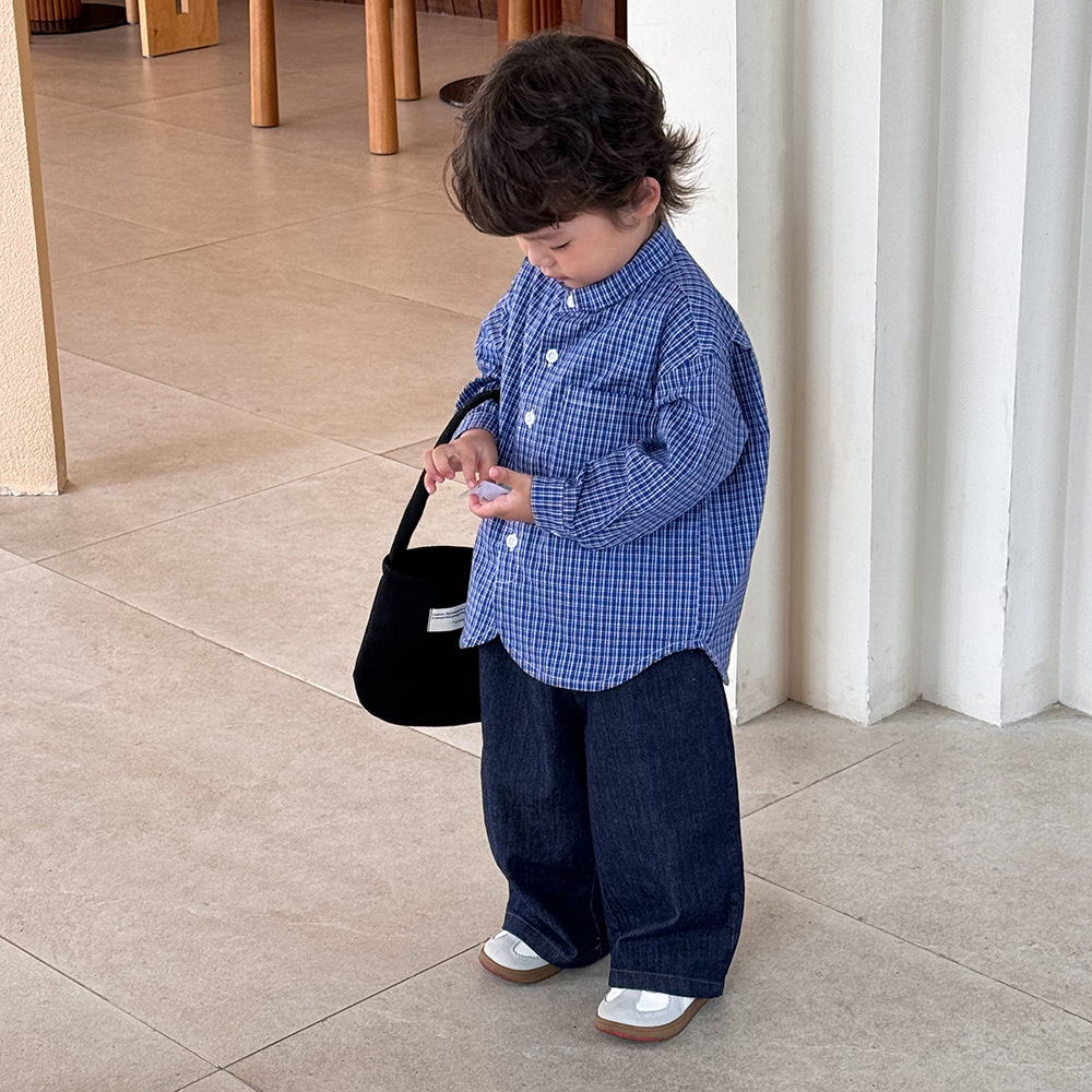 キッズファッション ナチュラル小紋チェック柄バンドカラー長袖シャツ