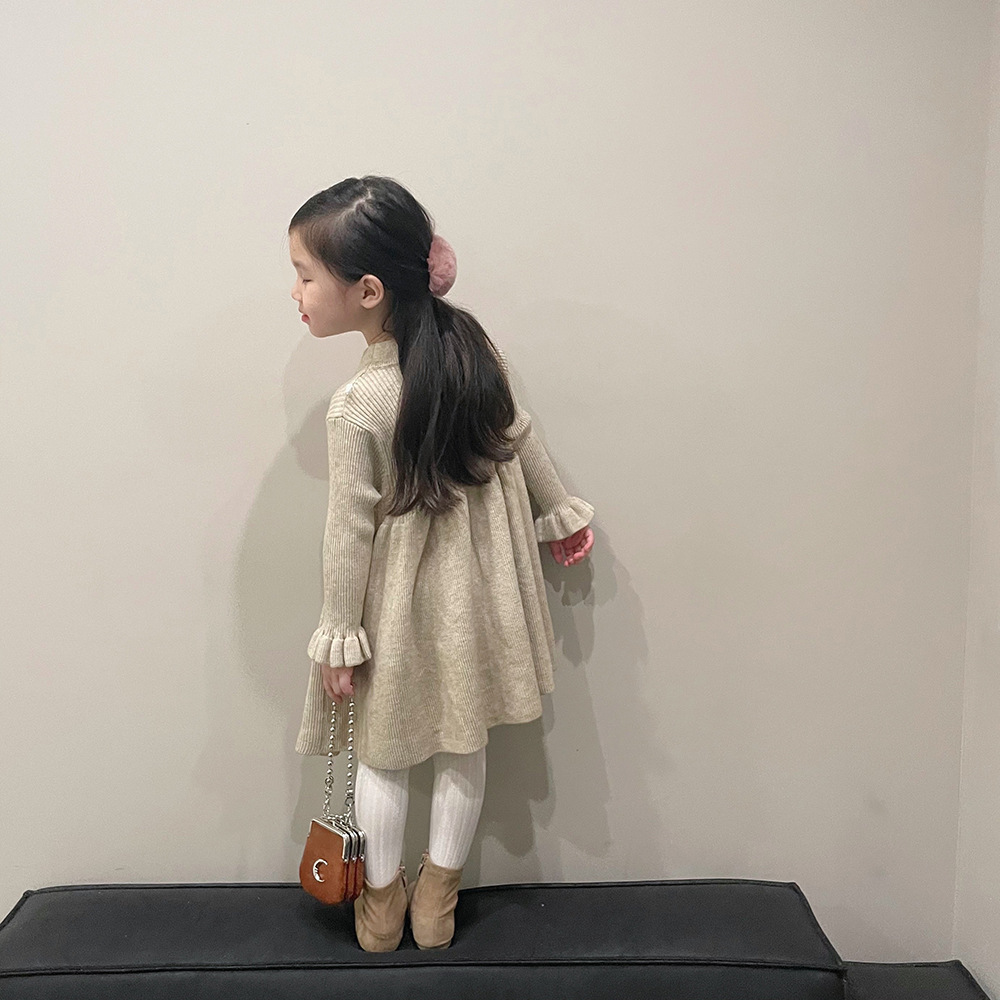 キッズファッション リブ編み長袖ふんわりフレア袖ワンピース