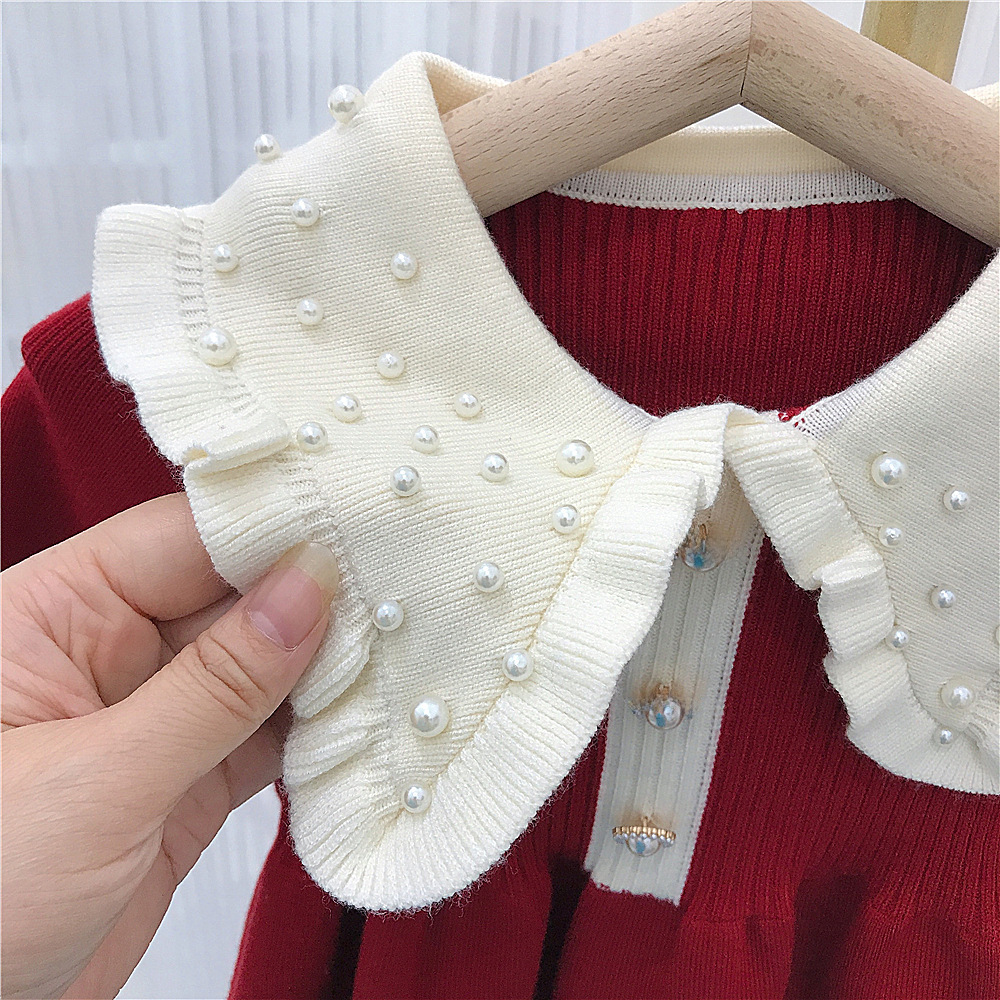 キッズファッション 小花柄大襟ニットワンピース