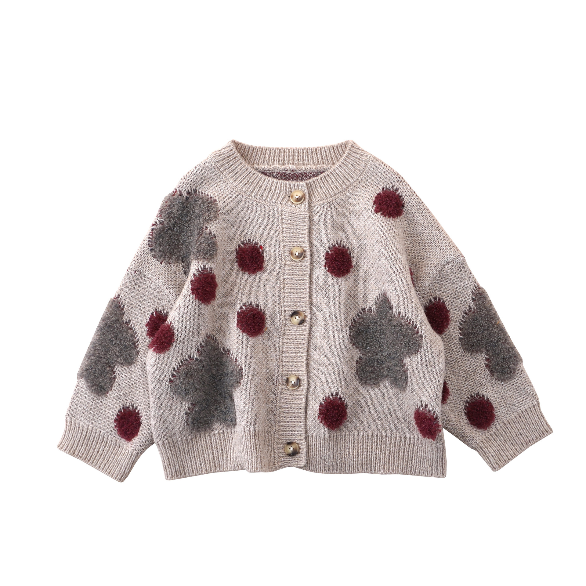 キッズファッション ふわふわドット刺繍の丸襟ニットカーディガン