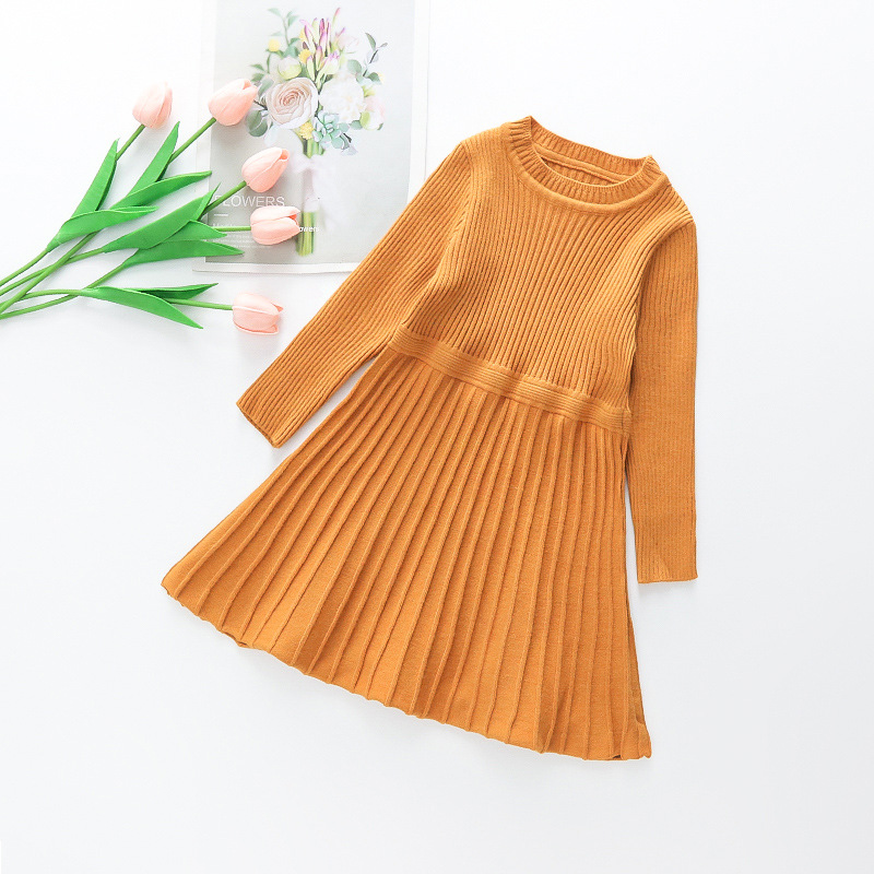 キッズファッション 女の子用リブニット長袖プリーツワンピース