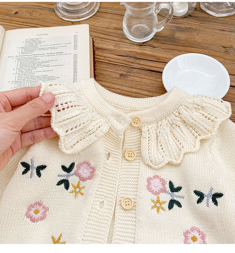 キッズファッション 花刺繍レース襟付きニットカーディガン