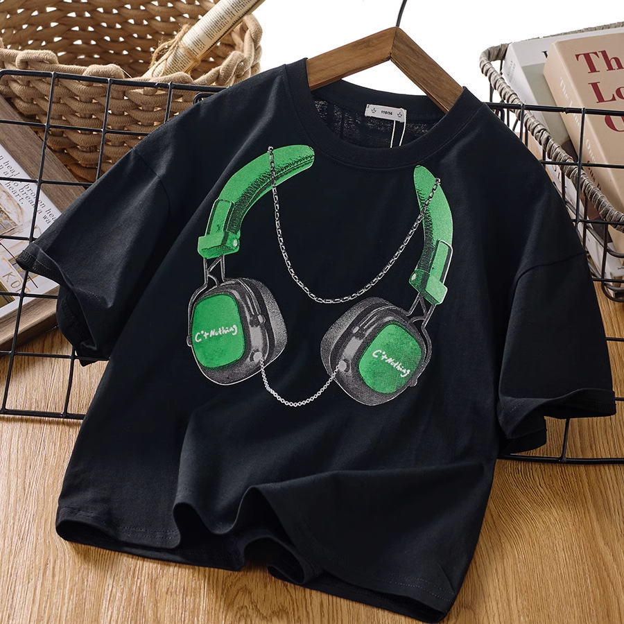 キッズファッション 音楽好きキッズのヘッドホンプリント半袖Tシャツ