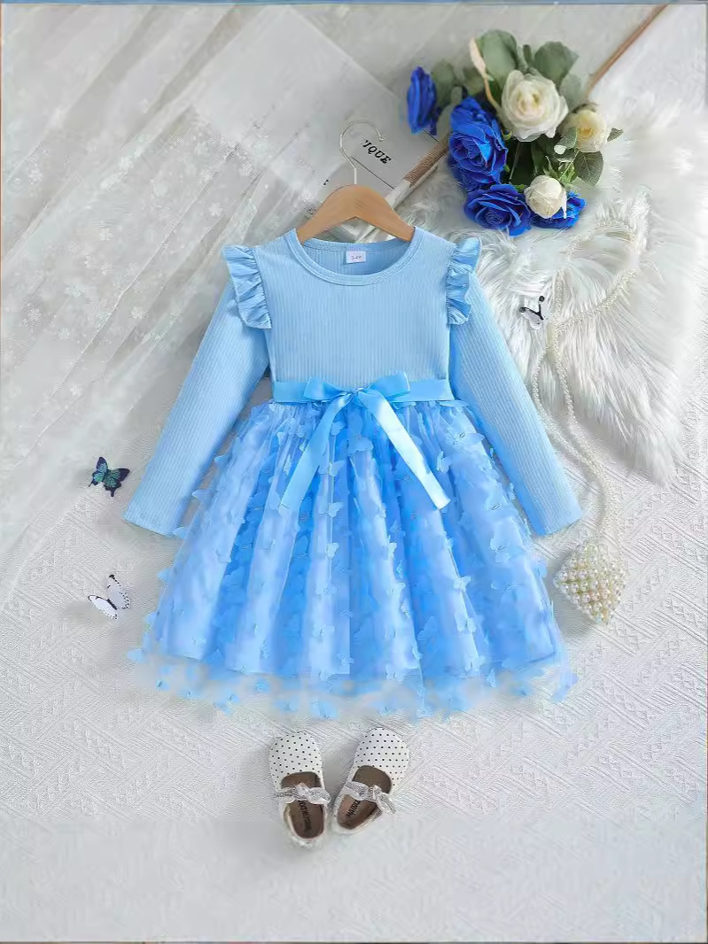 キッズファッション 花びら刺繍チュールの長袖プリンセスドレス