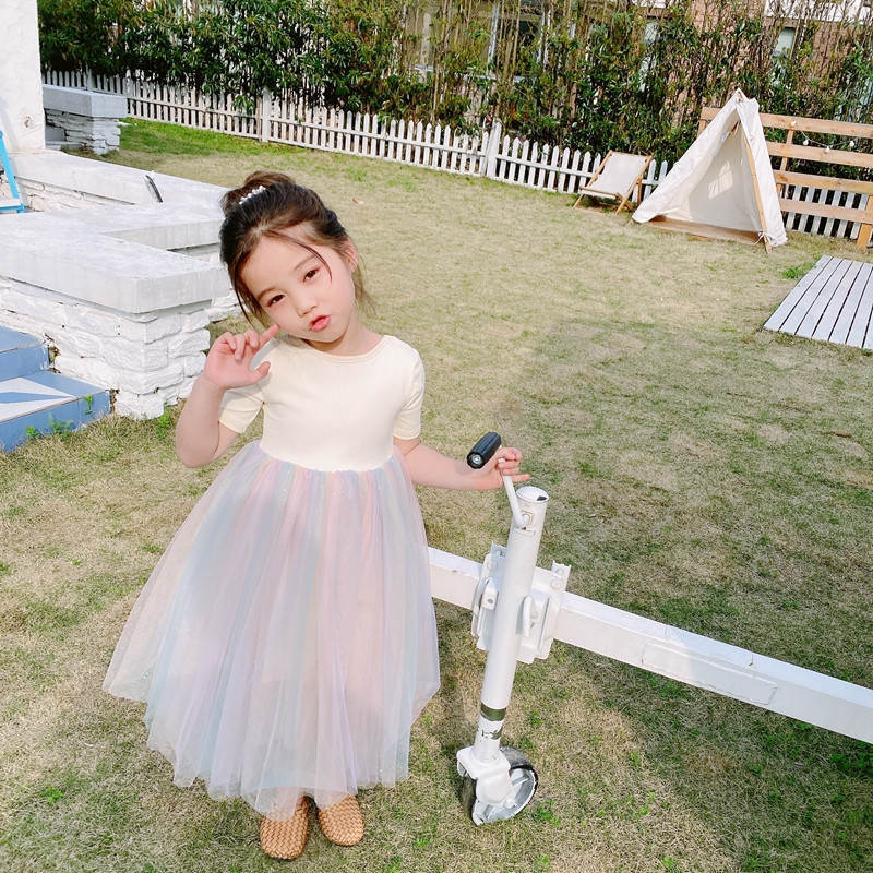 キッズファッション 背中交差ひも付き姫様ふんわりチュールワンピース