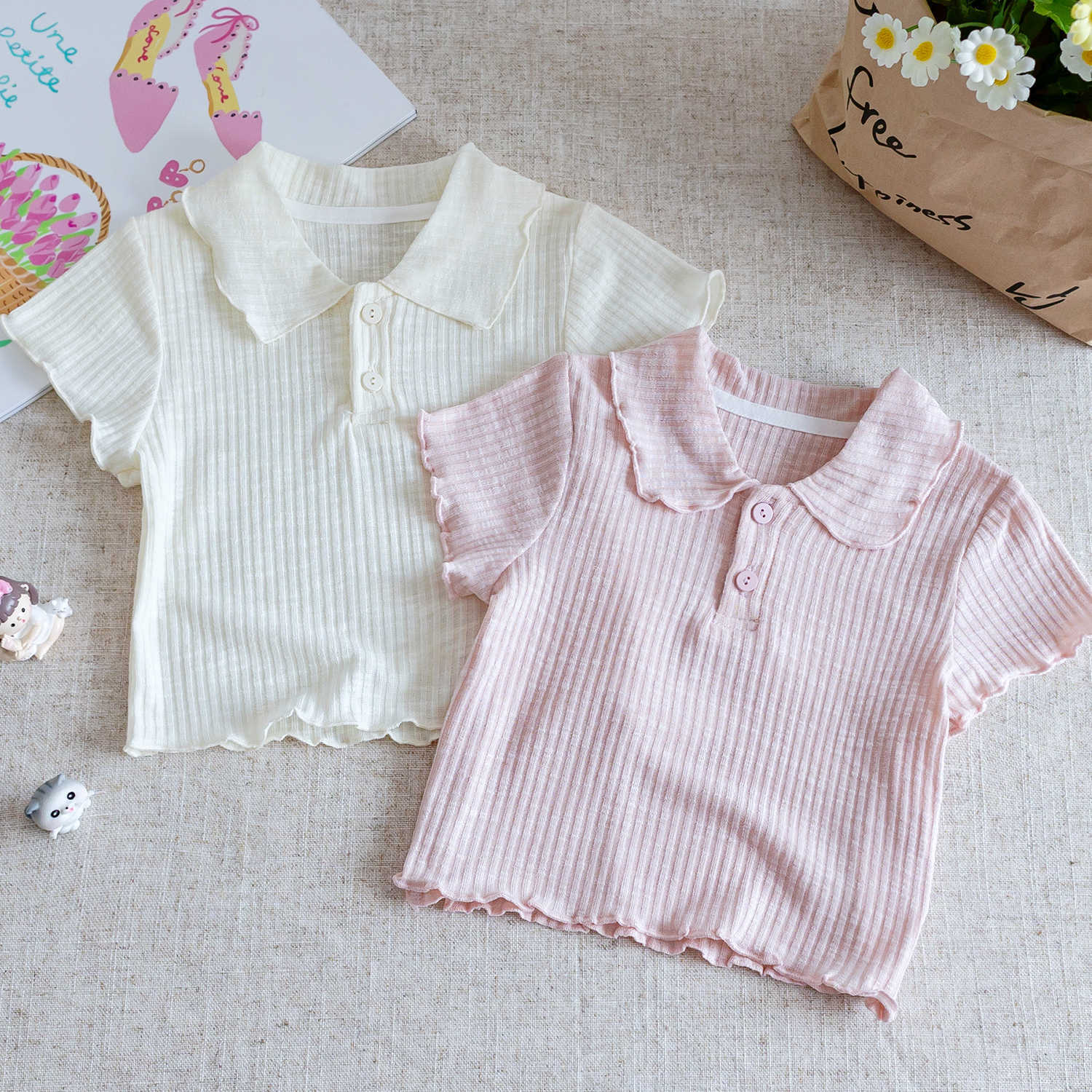 キッズファッション シャツ　丸襟リブ編み半袖シャツ