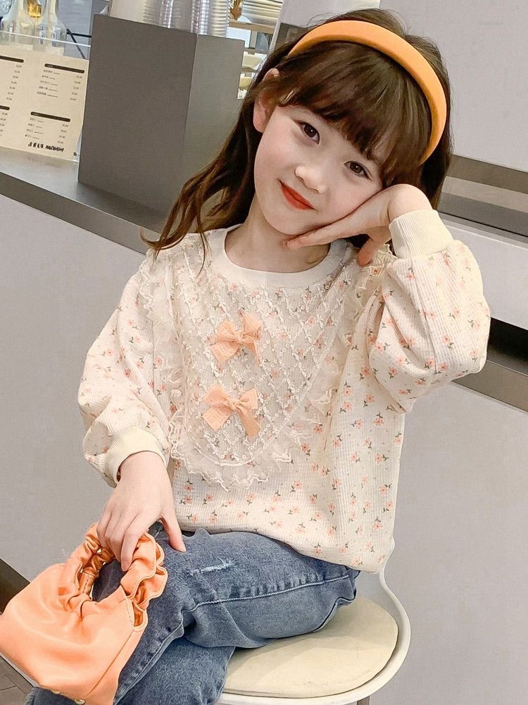 キッズファッション シャツ　小花柄レース装飾リボン付き長袖トップス