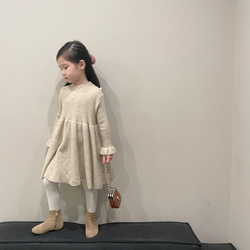 キッズファッション リブ編み長袖ふんわりフレア袖ワンピース