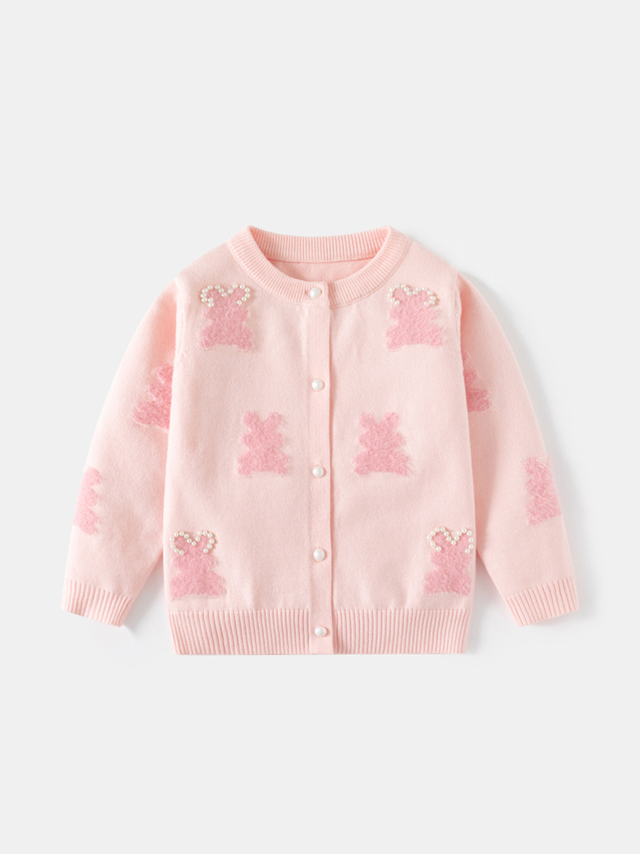 キッズファッション ウサギ刺繍パール付き丸襟ニットカーディガン