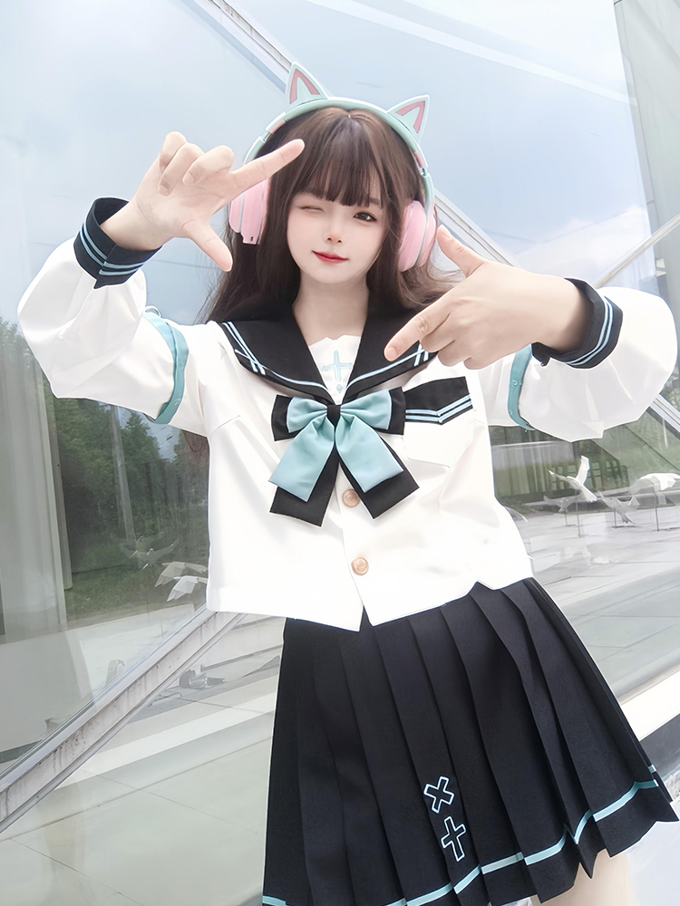 セーラー服 リボン付き二本線セーラー服ブラウス