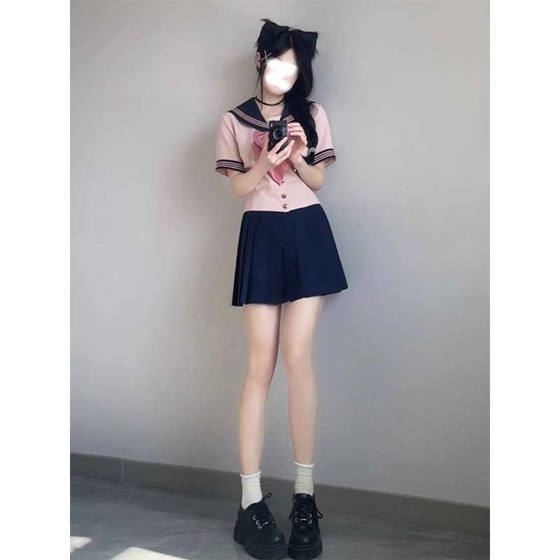 ピンク×紺 リボン付きセーラー服セット
