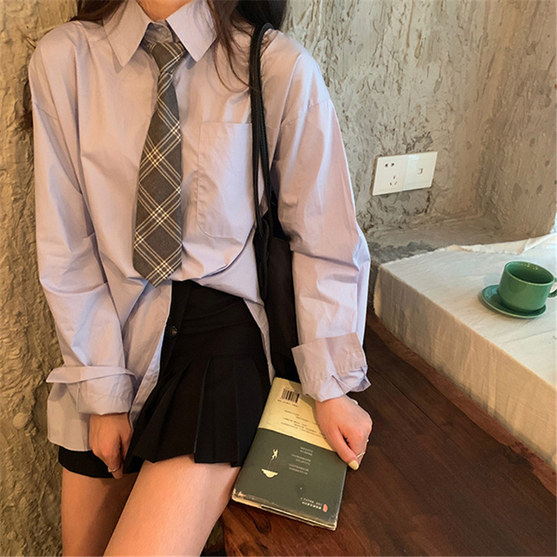 セーラー服 チェック柄ネクタイ付きゆったり長袖ブラウス