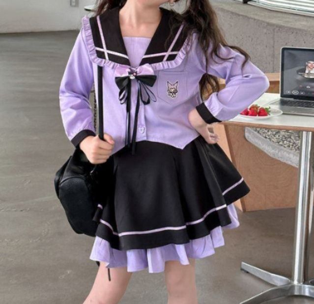 セーラー服衿フリル リボン刺繍付き長袖トップス・ブラウス
